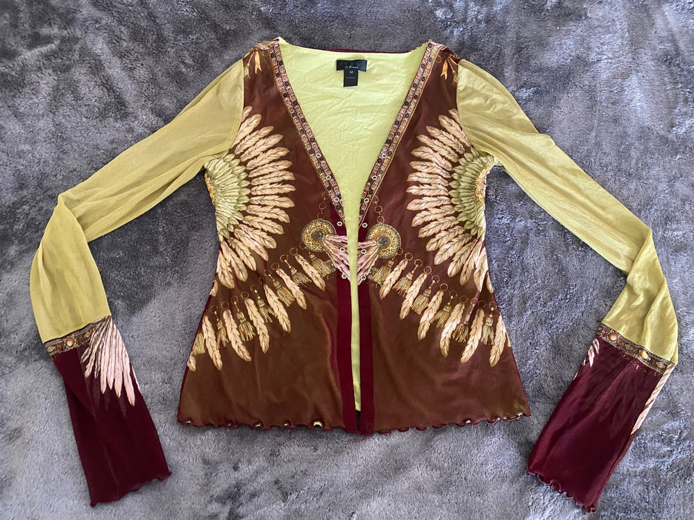 ANAC Cardigan / Lace Up Top Native American Southwest Green Brown Feathers Sz M